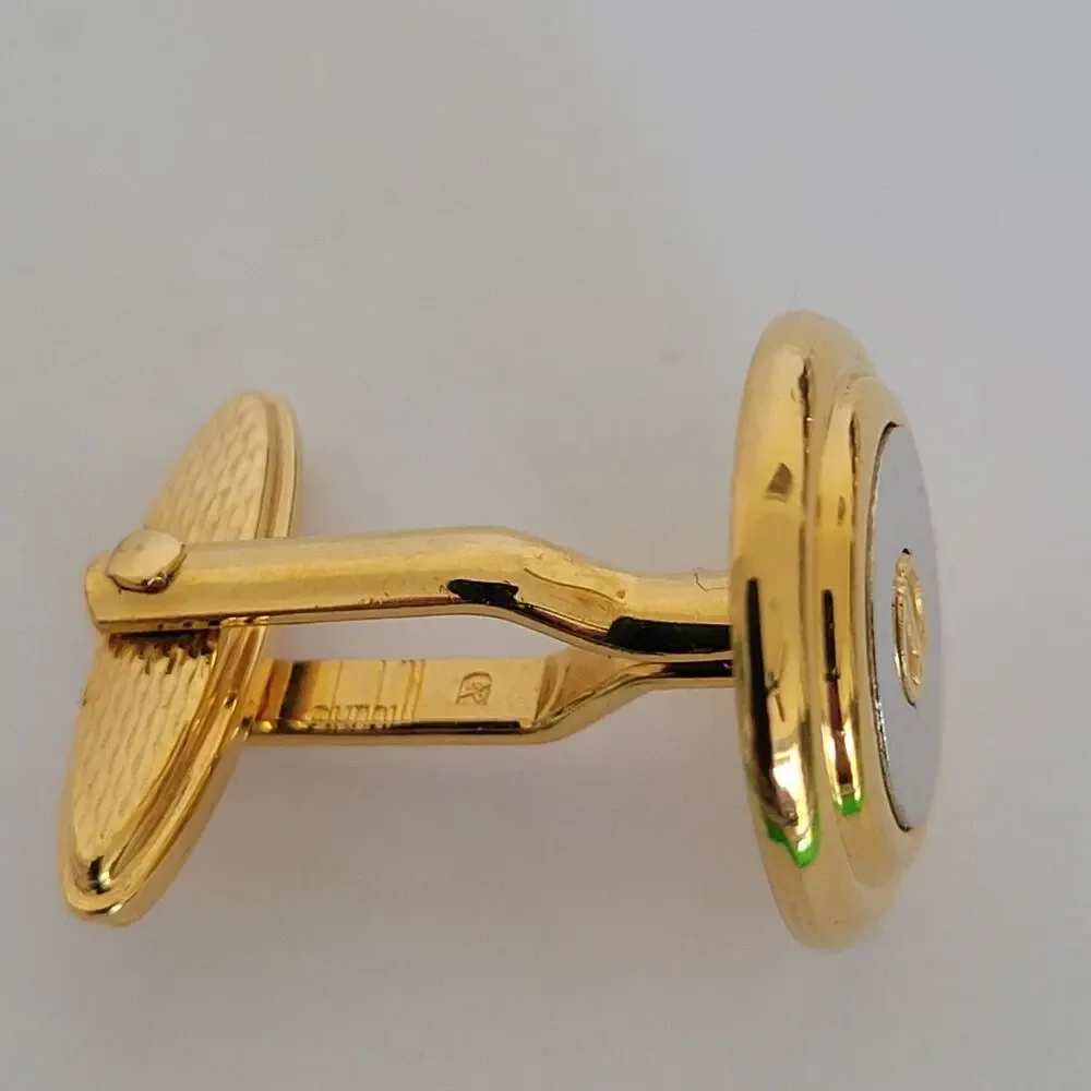 Dunhill D Cufflinks Gold Silver Tone Logo Round Designer Vintage Retro Bullet